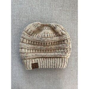 CC Beige Knit Messy Bun Beanie Tail Cap Soft Stretchy Womens Winter Hat